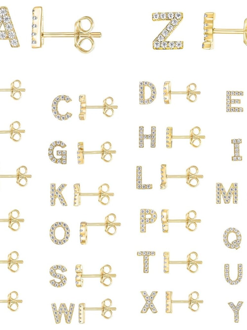 14K Gold Plated 925 Sterling Silver Cubic Zirconia Initial Letter Stud Earrings - Picture 3 of 5